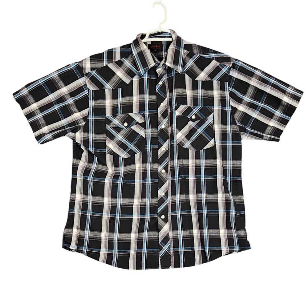 Studio O XXL Mens Plaid Western Shirt Short Sleeve Black Blue‎ Casual